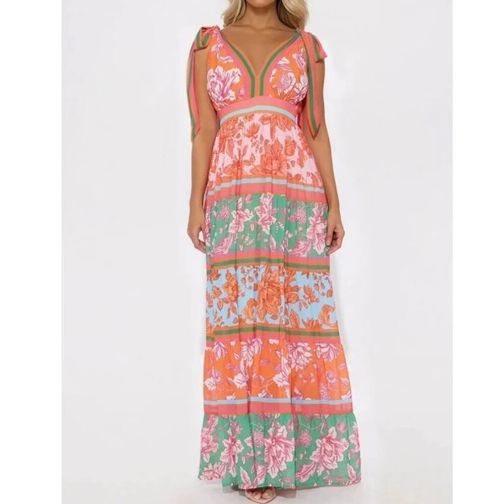 Eternal Sunshine Chiffon Maxi Dress Fashion Nova Floral Deep V  - Sz XL - NWT
